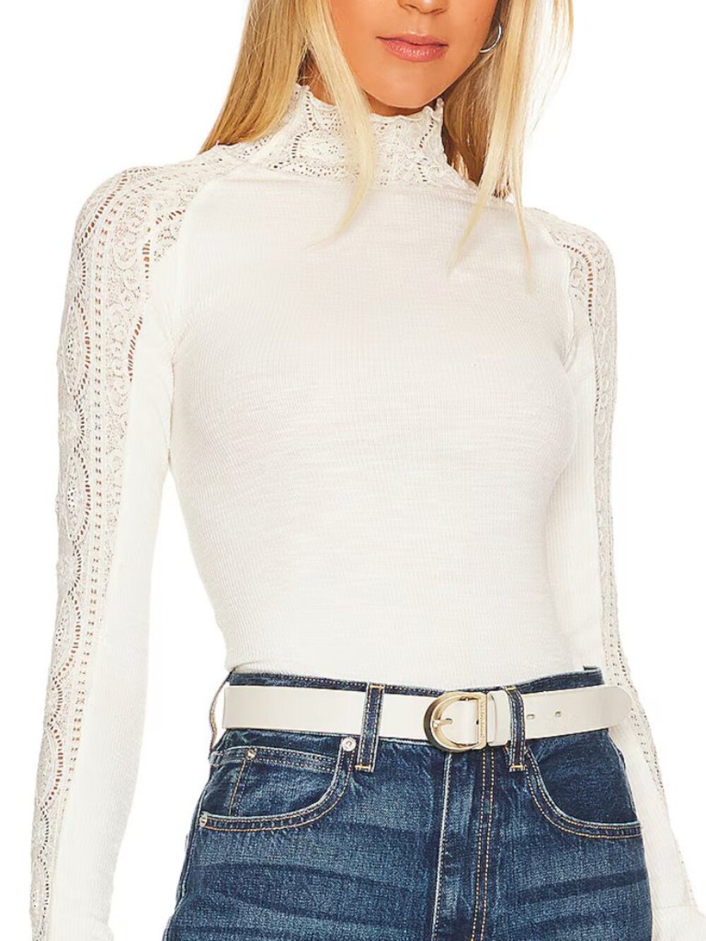 Free People Freddie Top NWT White Lace Turtleneck Ribbed Long Sleeve Women's XS